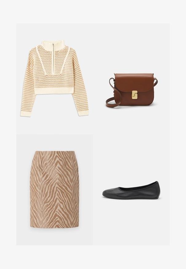 Světle béžový zkrácený svetr s doplňkovým zipem a imitací límce, zdobený texturovaným vzorem a pletenými manžetami a lemem. Kombinuje pletené a tkané materiály.; Beige mini sukně s texturovaným vzorem zebřích pruhů v tmavších odstínech. Má hladký povrch a cílený design s předními záhyby.; Černé kožené baletní byty s kulatou špičkou, hladkou texturou, minimálními švy a flexibilním designem podrážky.; Hnědá kožená kabelka s klopou, zlatými kovovými detaily, ramenním popruhem a hladkým povrchem. Kompaktní obdélníkový tvar.