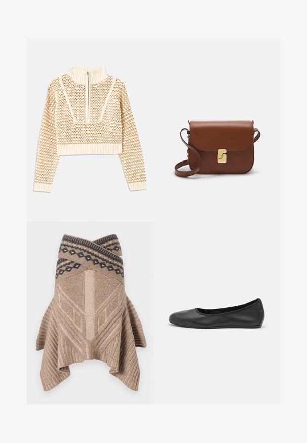 Svijetlo bež skraćeni džemper s rajsferšlusom i visokom ovratnikom, s teksturiranim uzorkom i rebrastim rukavima i rubom. Kombinira pletivo i tkaninu.; Bež pleteni pončo s rebrastom teksturom, geometrijskim dizajnom i kontrastnim uzorkovanim rubom u tamnoplavoj boji. Opuštene, asimetrične ivice.; Crne kožne baletanke s zaobljenim vrhom, glatke teksture, minimalnim detaljima šavova i fleksibilnim dizajnom potplata.; Smeđa kožna torba s preklopom, zlatnim detaljima, remenom za nošenje preko ramena i glatkom teksturom. Kompaktni pravokutni oblik.