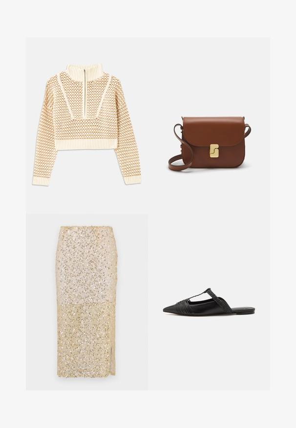 Světle béžový zkrácený svetr s doplňkovým zipem a imitací límce, zdobený texturovaným vzorem a pletenými manžetami a lemem. Kombinuje pletené a tkané materiály.; Marella PRATER - Pouzdrová sukně - panna; Černé kožené slingback boty se špičatou špičkou, s tkaným akcentem a plisovaným designem svršku. Plochá podešev s minimálním kovovým zapínáním.; Hnědá kožená kabelka s klopou, zlatými kovovými detaily, ramenním popruhem a hladkým povrchem. Kompaktní obdélníkový tvar.