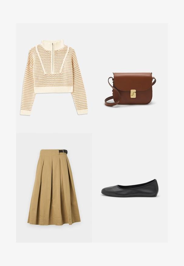 Világos bézs cropped pulóver, cipzáras álló gallérral, mely texturált mintával és bordás mandzsettával, valamint szegéllyel rendelkezik. A kötött és szőtt anyagok kombinációja.; Kaki, pliszírozott szoknya pamut anyagból, strukturált derékpánttal és sötét övvel, térd alatti hosszúságban.; Fekete bőr balettcipő lekerekített orral, sima tekstúrával, minimális varrással és rugalmas talp kialakítással.; Barna bőr kézitáska, hajtókás zárással, arany színű fém kiegészítőkkel, vállpánttal és sima felülettel. Kompakt téglalap alakú.