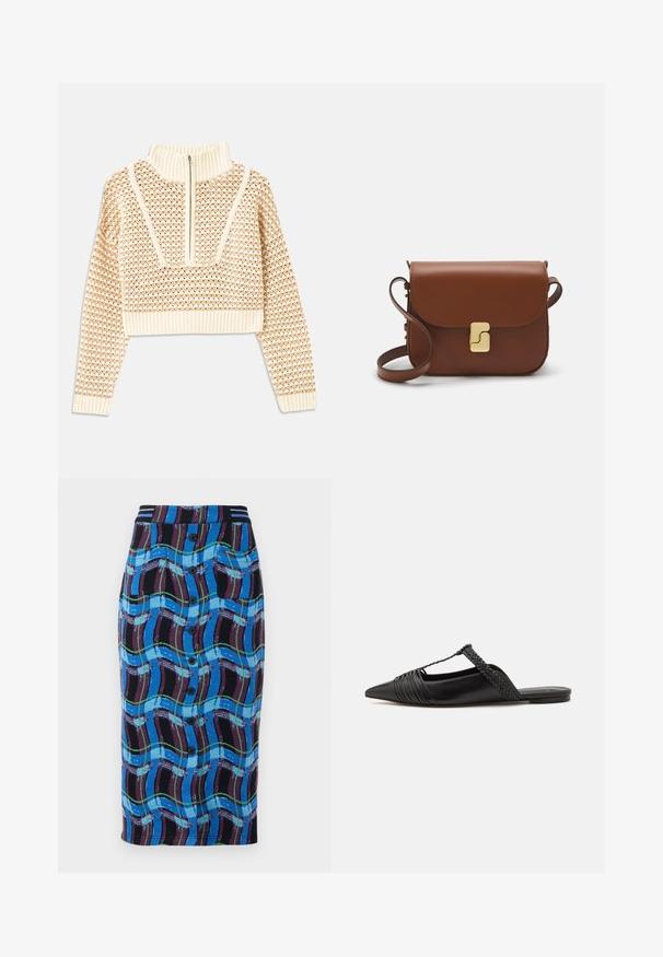 Pulover scurt de culoare bej deschis, cu guler tip mock cu fermoar, având un model texturat și manșete și tiv coagulate. Combină materiale tricotate și țesute.; Fustă până la genunchi de culoare albastră, cu un model de valuri multicolore, având un elastic negru la talie, nasturi în față și două buzunare laterale.; Pantofii din piele neagră cu curea la spate au vârful ascuțit, prezentând un accent țesut și un design superior pliat. Talpa joasă cu hardware minim.; Geantă de piele maro cu închidere tip capac, accesorii de culoare aurie, curea de umăr și o textură netedă. Formă compactă și rectangulară.
