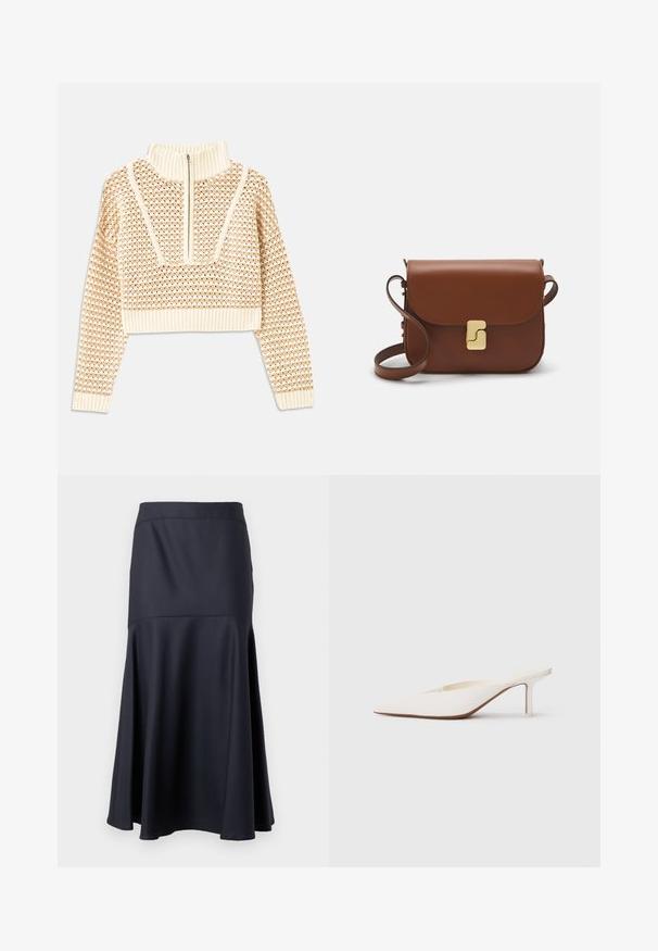 Light beige cropped sweater with a zippered mock neck, featuring a textured pattern and ribbed cuffs and hem. Combines knit and woven materials.; Black high-waist A-line skirt with a seam detail below the hips, flaring towards the hem, displayed against a plain background.; Pointed-toe white mule with a low stiletto heel. Made of smooth material with a minimalist design and subtle tan sole detail.; Brown leather handbag with a flap closure, gold-tone hardware, a shoulder strap, and a smooth texture. Compact rectangular shape.