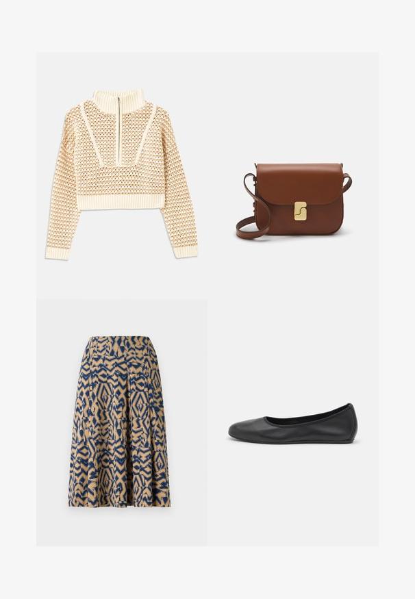 Lys beige cropped sweater med lynlås og høj hals, der har et struktureret mønster samt ribbede manchetter og nederste kant. Kombinerer strikkede og vævede materialer.; En knælang nederdel med et geometrisk print i marineblå og beige, med plisseringer og en glat tekstur.; Sort læderballetsko med rund tå, glat tekstur, minimal syning og et fleksibelt såldesign.; Brun læder håndtaske med flaplukning, hardware i gyldent tone, en skulderrem og en glat overflade. Kompakt rektangulær form.