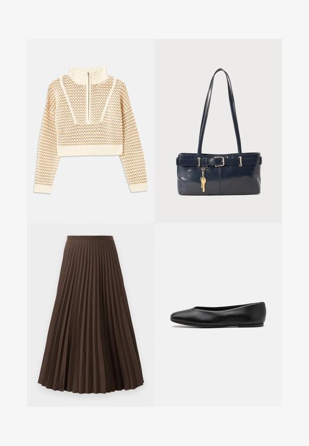 Pull en beige clair court avec un col montant zippé, présentant un motif texturé et des poignets et un ourlet côtelés. Combine des matériaux tricotés et tissés.; Jupe plissée midi marron avec taille ajustée et plis verticaux régulièrement espacés, présentée sur un fond blanc.; Paul Smith TOPANGA - Ballerines - black; Sac à main en cuir bleu marine avec deux longues poignées, un détail de boucle et un porte-clés accroché. Il présente une texture lisse et une forme rectangulaire.