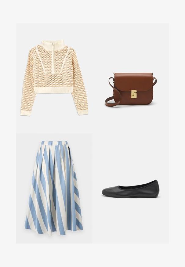Pull en beige clair court avec un col montant zippé, présentant un motif texturé et des poignets et un ourlet côtelés. Combine des matériaux tricotés et tissés.; Jupe plissée avec des rayures diagonales alternées bleu clair et crème. Elle dispose d'une taille élastique et d'une texture en coton doux.; Ballerines en cuir noir avec un bout rond, texture lisse, détails de couture minimalistes et design de semelle flexible.; Sac à main en cuir marron avec une fermeture à rabat, des accents en métal doré, une bandoulière et une texture lisse. Forme rectangulaire compacte.