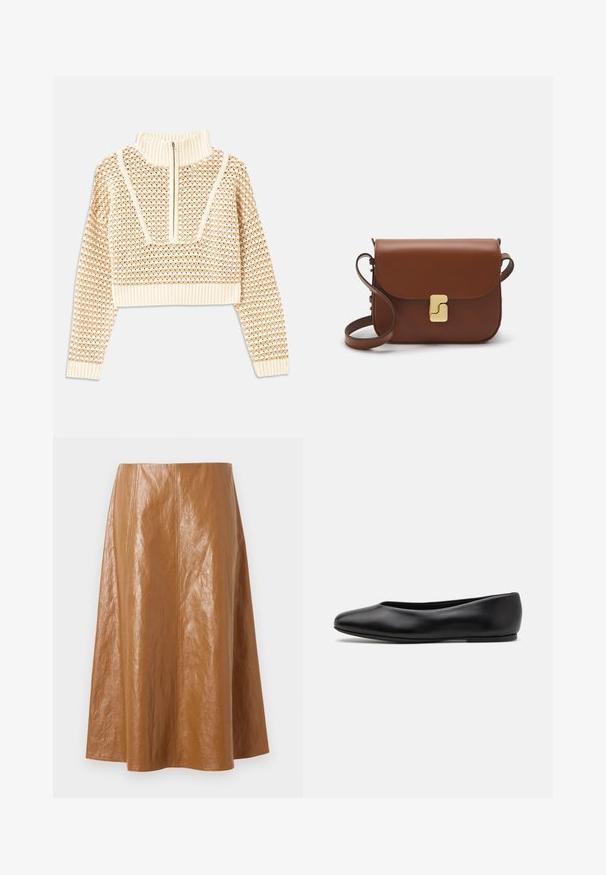 Světle béžový zkrácený svetr s doplňkovým zipem a imitací límce, zdobený texturovaným vzorem a pletenými manžetami a lemem. Kombinuje pletené a tkané materiály.; Hnědá kožená midi sukně s hladkou, lesklou texturou, zdobená vertikálními švy a rozšířeným střihem, končící těsně pod kolenem.; Paul Smith TOPANGA - Klasické baleríny - black; Hnědá kožená kabelka s klopou, zlatými kovovými detaily, ramenním popruhem a hladkým povrchem. Kompaktní obdélníkový tvar.