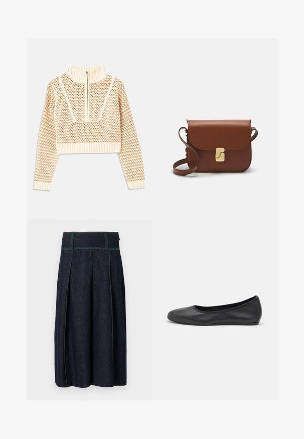 Light beige cropped sweater with a zippered mock neck, featuring a textured pattern and ribbed cuffs and hem. Combines knit and woven materials.; Denim skirt in dark blue with green stitching. Features a pleated design and a wide waistband, providing a structured silhouette.; Black leather ballet flat with a rounded toe, smooth texture, minimal stitching detail, and a flexible sole design.; Brown leather handbag with a flap closure, gold-tone hardware, a shoulder strap, and a smooth texture. Compact rectangular shape.