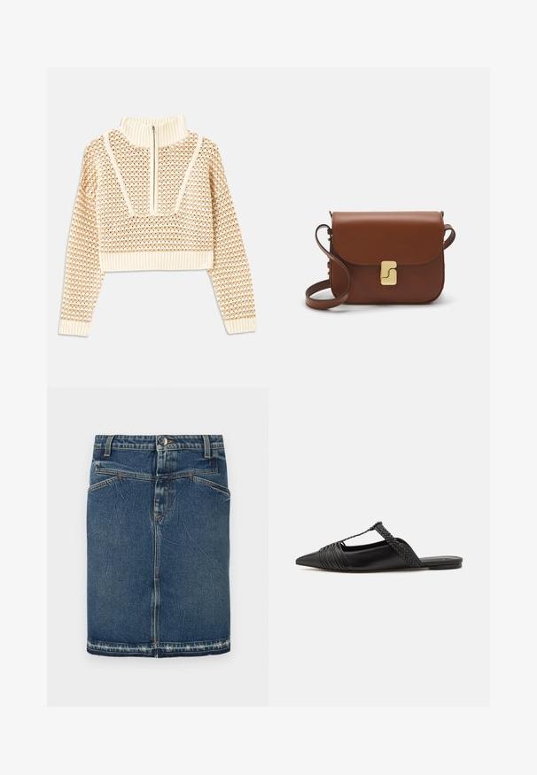 Svijetlo bež skraćeni džemper s rajsferšlusom i visokom ovratnikom, s teksturiranim uzorkom i rebrastim rukavima i rubom. Kombinira pletivo i tkaninu.; Traper suknja s klasičnim plavim pranjem, dizajnom s pet džepova i strganim rubom. Zatvara se gumbom i zatvaračem s prednje strane.; Crne kožne cipele s remenom oko pete i šiljastim vrhom, s pletenim naglaskom i nabranim gornjim dijelom. Ravni đon s minimalnim hardverom.; Smeđa kožna torba s preklopom, zlatnim detaljima, remenom za nošenje preko ramena i glatkom teksturom. Kompaktni pravokutni oblik.