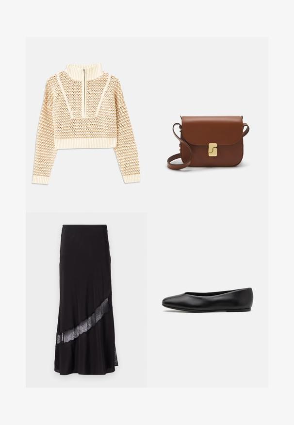 Light beige cropped sweater with a zippered mock neck, featuring a textured pattern and ribbed cuffs and hem. Combines knit and woven materials.; Black skirt made of smooth fabric, featuring a lace insert diagonally across the hem. Flared design with a subtle sheen.; Paul Smith TOPANGA - Ballet pumps - black; Brown leather handbag with a flap closure, gold-tone hardware, a shoulder strap, and a smooth texture. Compact rectangular shape.