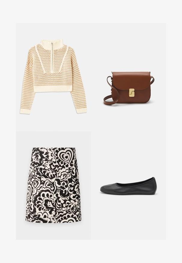 Lys beige cropped sweater med lynlås og høj hals, der har et struktureret mønster samt ribbede manchetter og nederste kant. Kombinerer strikkede og vævede materialer.; Sort-hvid blomster mønstret mini nederdel lavet af stof med en glat tekstur og en lige kant. Har svungne designs og hjerter.; Sort læderballetsko med rund tå, glat tekstur, minimal syning og et fleksibelt såldesign.; Brun læder håndtaske med flaplukning, hardware i gyldent tone, en skulderrem og en glat overflade. Kompakt rektangulær form.