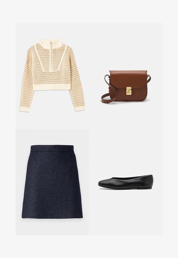 Light beige cropped sweater with a zippered mock neck, featuring a textured pattern and ribbed cuffs and hem. Combines knit and woven materials.; Dark blue mini skirt made of textured fabric, featuring a clean waistband and subtle side pockets. Hem is straight and finished.; Paul Smith TOPANGA - Ballet pumps - black; Brown leather handbag with a flap closure, gold-tone hardware, a shoulder strap, and a smooth texture. Compact rectangular shape.