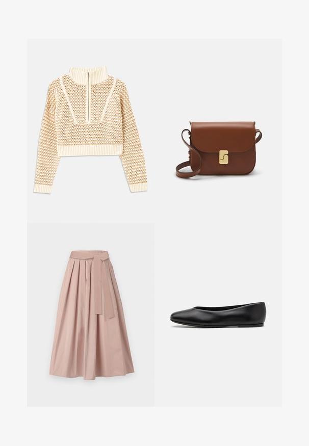Light beige cropped sweater with a zippered mock neck, featuring a textured pattern and ribbed cuffs and hem. Combines knit and woven materials.; Pink midi skirt made of structured fabric, featuring pleats, a tied waist belt, and an A-line silhouette. Smooth texture with no visible patterns.; Paul Smith TOPANGA - Ballet pumps - black; Brown leather handbag with a flap closure, gold-tone hardware, a shoulder strap, and a smooth texture. Compact rectangular shape.