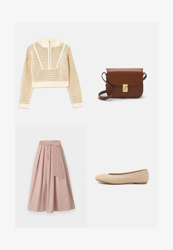 Helebeige lühike sviiter, millel on lukuga kaelus, tekstuuriga muster ning soonikuga varrukad ja äär. Kombineerib kudumise ja kootud materjalid.; Roosa midi seelik, mis on valmistatud struktuurist kangast, koos plekkide, seotud vööga ja A-silingu silueti. Sile tekstuur, ilma nähtavate mustriteta.; Beeži nahk balletitossud ümarate varvastega, minimaalse õmbluse detailiga, madala kanna ja diskreetse logoga taga. Sile, mati tekstuur.; Pruunist nahast käekott, millel on klapiga sulgur, kuldne riistvara, õlarihm ja sile tekstuur. Kompaktne ristkülikukujuline vorm.