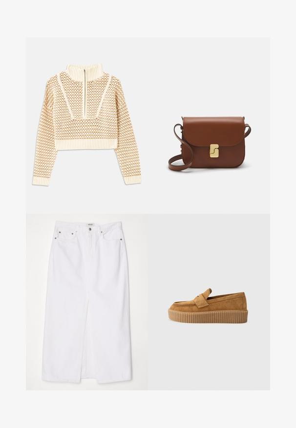 Pull en beige clair court avec un col montant zippé, présentant un motif texturé et des poignets et un ourlet côtelés. Combine des matériaux tricotés et tissés.; Jupe en denim blanc dotée d'une fente à l'avant, d'un design à cinq poches, d'une fermeture à bouton et à zip en métal, ainsi que de détails de couture en bas.; Mocassin en daim brun à bout rond, avec une semelle plateforme striée et une bande décorative sur le dessus.; Sac à main en cuir marron avec une fermeture à rabat, des accents en métal doré, une bandoulière et une texture lisse. Forme rectangulaire compacte.