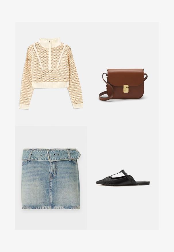 Sweater cropped de cor bege claro com gola alta com fecho, apresentando um padrão texturizado e mangas e bainha caneladas. Combina materiais tricotados e tecidos.; Saia mini de denim com um tom azul claro, apresentando uma cintura com cinto e fivela de metal, cinco bolsos e um desbotamento subtil para textura.; Sapatilha slingback em couro preto com bico pontudo, apresentando um detalhe trançado e um design superior plissado. Sola plana com hardware mínimo.; Bolsa de couro castanho com fecho de aba, decoração em tom dourado, alça de ombro e textura suave. Formato retangular compacto.