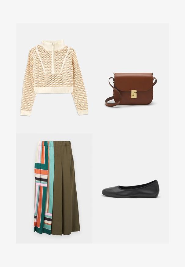 Pullover cropped beige chiaro con collo alto con zip, caratterizzato da un motivo testurizzato e polsini e orlo a coste. Combina materiali a maglia e tessuti.; Gonna di lunghezza al ginocchio con vita elastica; tessuto verde oliva uniforme mescolato con motivi geometrici colorati in pannelli su un lato.; Pantofole da balletto nere in pelle con punta arrotondata, texture liscia, dettagli di cucitura minimi e design con suola flessibile.; Borsa a tracolla in pelle marrone con chiusura a pattina, hardware color oro, tracolla e una finitura liscia. Forma rettangolare compatta.