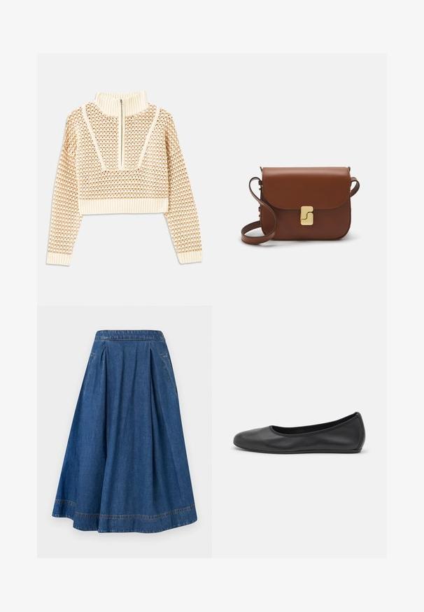 Jasnobeżowy krótki sweter z zapięciem na zamek błyskawiczny przy kołnierzu w stylu stójki, z teksturowanym wzorem oraz prążkowanymi mankietami i dołem. Łączy materiały dziane i tkane.; Spódnica dżinsowa o rozszerzanym kroju, w głębokim niebieskim kolorze, z plisami. Posiada elastyczny pas oraz boczne kieszenie z kontrastującymi detalami szwów.; Czarne skórzane baletki z zaokrąglonym noskiem, gładką fakturą, minimalnymi przeszyciami i elastycznym designem podeszwy.; Brązowa skórzana torebka na ramię z klapką, złotymi detalami, paskiem na ramię i gładką teksturą. Kompaktowy prostokątny kształt.