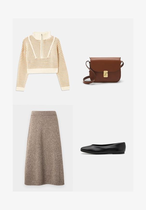 Pullover cropped beige chiaro con collo alto con zip, caratterizzato da un motivo testurizzato e polsini e orlo a coste. Combina materiali a maglia e tessuti.; Gonna in maglia di una calda tonalità marrone con un motivo testurizzato, vita aderente e silhouette svasata, con dettagli a coste sull'orlo.; Paul Smith TOPANGA - Ballerine - black; Borsa a tracolla in pelle marrone con chiusura a pattina, hardware color oro, tracolla e una finitura liscia. Forma rettangolare compatta.