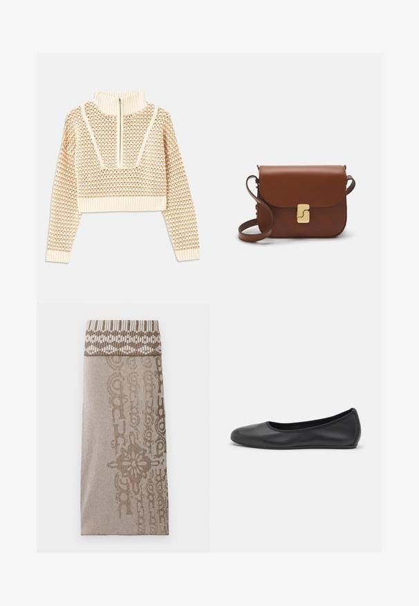 Licht beige cropped sweater met een ritskraag, voorzien van een textuurpatroon en geribde manchetten en onderrand. Combineert gebreide en geweven materialen.; Gebreide rok in lichtbruin met een patroon op de tailleband en een textuur in het lijf met een subtiele streepdesign en decoratieve elementen.; Zwarte leren ballerina met een ronde neus, gladde textuur, minimale stikdetails en een flexibele zoolontwerp.; Bruine leren handtas met een klep sluiting, gouden hardware, een schouderband en een gladde textuur. Compact rechthoekige vorm.