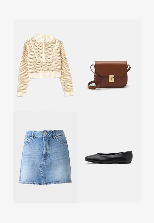 Světle béžový zkrácený svetr s doplňkovým zipem a imitací límce, zdobený texturovaným vzorem a pletenými manžetami a lemem. Kombinuje pletené a tkané materiály.; Světle modrá džínová sukně s vypasovaným pasem, jemným třepením na okraji a pěti kapsami. Obsahuje stříbrný knoflík a zapínání na zip.; Paul Smith TOPANGA - Klasické baleríny - black; Hnědá kožená kabelka s klopou, zlatými kovovými detaily, ramenním popruhem a hladkým povrchem. Kompaktní obdélníkový tvar.