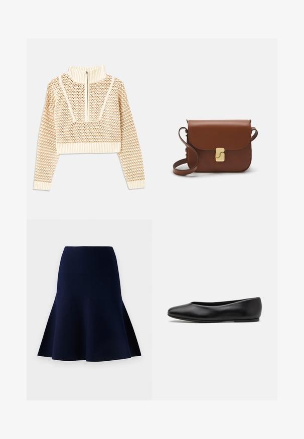 Helles, beigefarbenes, kurzes Sweatshirt mit einem Reißverschlusskragen, das ein strukturiertes Muster sowie gerippte Bündchen und Saum aufweist. Kombiniert Strick- und Webmaterialien.; Marineblaue ausgestellte Rock aus glattem Stoff. Verfügt über eine taillierte Taille und ein schichtweise gestaltetes Saumdesign, das eine subtile A-Linien-Silhouette kreiert.; Paul Smith TOPANGA - Klassischer Ballerina - black; Braune Ledertasche mit Klappenverschluss, Beschlägen in Goldfarbe, einem Schultergurt und einer glatten Oberfläche. Kompakte rechteckige Form.