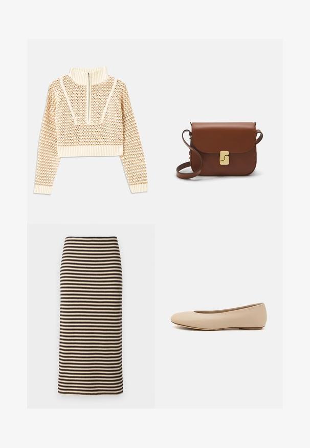Light beige cropped sweater with a zippered mock neck, featuring a textured pattern and ribbed cuffs and hem. Combines knit and woven materials.; Knitted pencil skirt with horizontal black and beige stripes, featuring a fitted silhouette and a smooth texture. Hem is straight and clean.; Beige leather ballet flat with rounded toe, minimal seam detailing, low heel, and subtle logo on the back. Smooth, matte texture.; Brown leather handbag with a flap closure, gold-tone hardware, a shoulder strap, and a smooth texture. Compact rectangular shape.