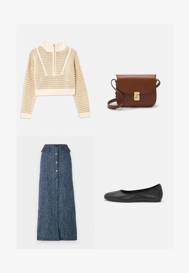 Šviesiai kreminis sutrumpintas megztinis su užtrauktuku ir apykakle, turintis tekstūruotą raštą bei gaubtus ir apykaklę su banguotais kraštais. Sujungia megztą ir audinį.; Tamsiai mėlyna džinsinė maxi sijonas su tekstūruotu paviršiumi, turintis priekinį mygtuką, dvi kišenes su užsklandomis ir nedidelę priekinę išpjovą.; Juodai odiniai baletai su apvaliu pirštu, lygi texture, minimalus siuvimo detales ir lanksčiu padų dizainu.; Ruda odinė rankinė su uždaromu dangteliu, aukso spalvos detalėmis, petneša ir lygiu paviršiumi. Kompaktiška stačiakampio formos.