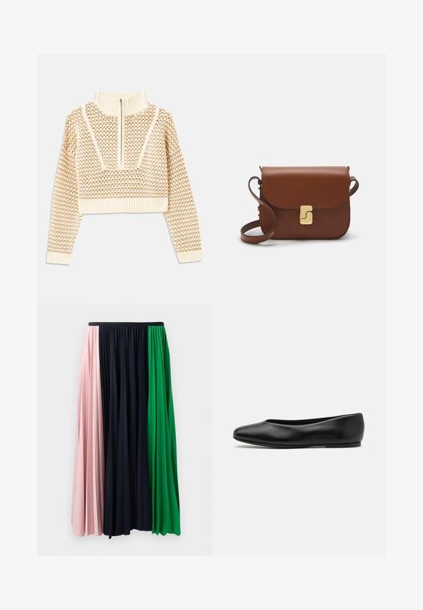 Svijetlo bež skraćeni džemper s rajsferšlusom i visokom ovratnikom, s teksturiranim uzorkom i rebrastim rukavima i rubom. Kombinira pletivo i tkaninu.; Pružna suknja s naborima koja sadrži panele u ružičastoj, tamnoplavoj i zelenoj boji. Izrađena od mekog materijala s elastičnim pojasom za udobno nošenje.; Paul Smith TOPANGA - Balerinke - black; Smeđa kožna torba s preklopom, zlatnim detaljima, remenom za nošenje preko ramena i glatkom teksturom. Kompaktni pravokutni oblik.