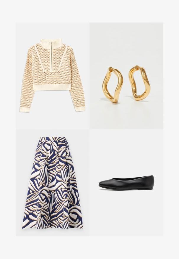 Šviesiai kreminis sutrumpintas megztinis su užtrauktuku ir apykakle, turintis tekstūruotą raštą bei gaubtus ir apykaklę su banguotais kraštais. Sujungia megztą ir audinį.; Kelių ilgio medvilnės sijonas su tamsiai mėlynu fonu, puošniu baltų ir auksinių abstrakčių raštų dizainu; raukšlėtas modelis suteikia apimties.; Paul Smith TOPANGA - Balerinos stiliaus laivutės - black; Auksinės spalvos lankinės auskarai su kreiviu, nereguliariu siluetu ir sklandžiu, blizgiu paviršiumi. Nėra matomų detalių ar akcentų.
