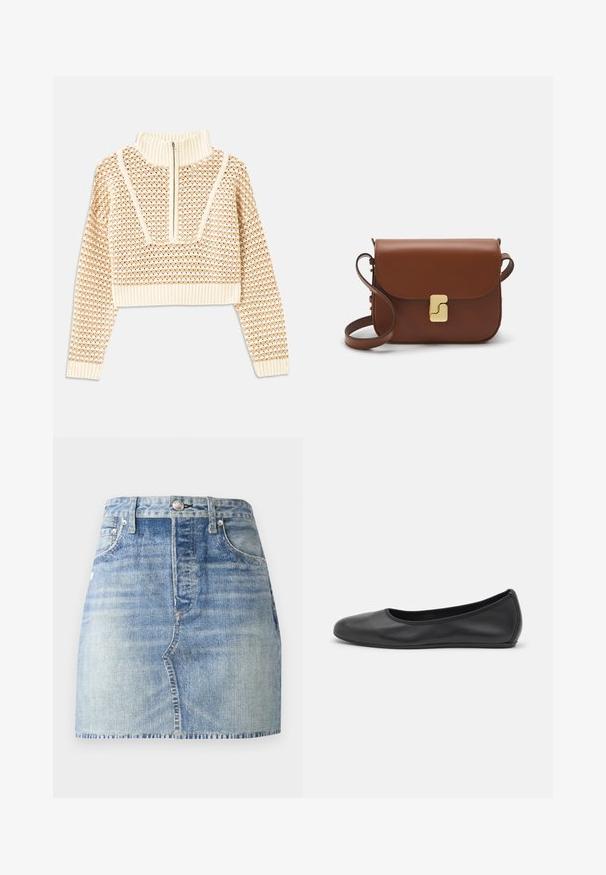 Light beige cropped sweater with a zippered mock neck, featuring a textured pattern and ribbed cuffs and hem. Combines knit and woven materials.; Light blue denim mini skirt with a high waist, finished hem, front pockets, and metal button closure. Faded wash detail adds texture.; Black leather ballet flat with a rounded toe, smooth texture, minimal stitching detail, and a flexible sole design.; Brown leather handbag with a flap closure, gold-tone hardware, a shoulder strap, and a smooth texture. Compact rectangular shape.