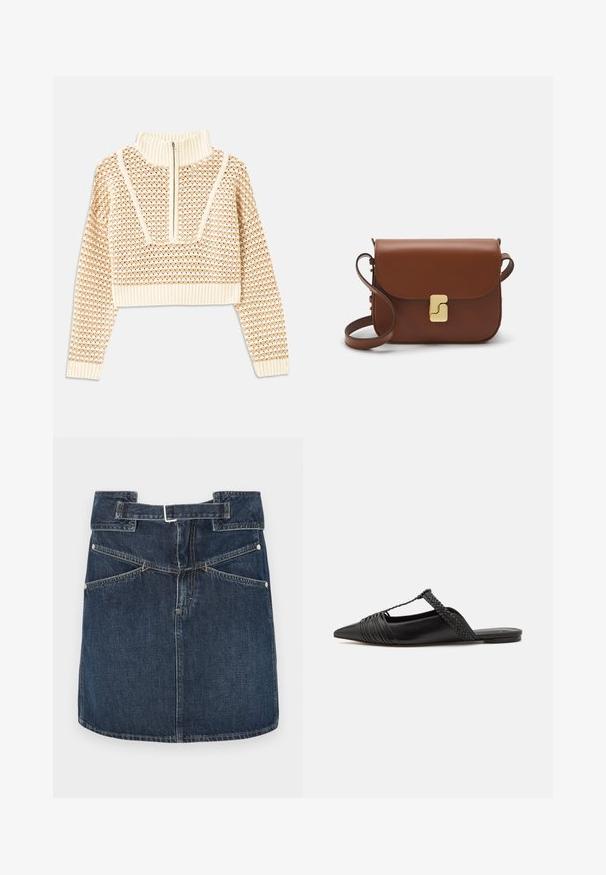 Gaišas bezgaismas īsais džemperis ar rāvējslēdzēju un stāvošu apkakli, ar faktūru rakstu un ribinātām piedurknēm un apakšmalu. Apvieno adītus un audumus.; Tumši zilas džinsa svārki ar vidējo jostas līmeni, jostas cilpām un divām aizmugurējām kabatām. Iekļauj redzamus šuvumus un metāla kniedes.; Melnas ādas slingback kurpes ar norādītu purngali, kurām ir austoša akcenta un krokota augšdaļa. Plakana zole ar minimālu aparatūru.; Bordo ādas rokas soma ar atloku, zeltītām detaļām, plecu siksnu un gludu virsmu. Kompakta, taisnstūrveida forma.