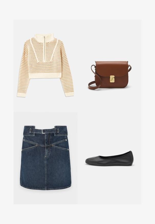 Svetlo béžový skrátený sveter so zipsovým vysokým golierom, s textúrovaným vzorom a rebrovanými manžetami a spodným lemom. Kombinuje pletené a tkané materiály.; Džínsová sukňa v tmavomodrej farbe s pásom strednej výšky, pútkom na opasok a dvoma zadnými vreckami. Obsahuje viditeľné švy a kovové nitovanie.; Čierne kožené baleríny s okrúhlou špičkou, hladkým povrchom, minimálnym prešívaním a flexibilným dizajnom podrážky.; Hnedá kožená kabelka s klopou, zlatými kovovými prvkami, ramenným popruhom a hladkým povrchom. Kompaktný obdĺžnikový tvar.