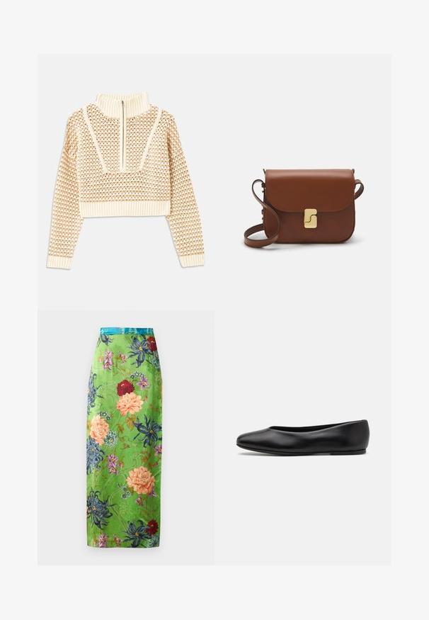 Vaalea beige lyhyt neulepusero, jossa on vetoketjukiinnitteinen korkea kaulus. Se esittelee teksturoidun kuosin ja ribbireunat hihoissa ja helmassaan. Yhdistelmä neulotusta ja kudotusta materiaalista.; Vihreä satiininen midi-hame, jossa on värikkäitä kukkia vaaleanpunaisena, sinisenä ja punaisena. Viimeistelty teal-vyötäröllä ja monimutkaisilla kuvioilla.; Paul Smith TOPANGA - Ballerinat - black; Ruskea nahkainen käsilaukku, jossa on läppäkiinnitys, kultasävyiset yksityiskohdat, olkahihna ja sileä pinta. Kompaktin suorakaiteen muotoinen.