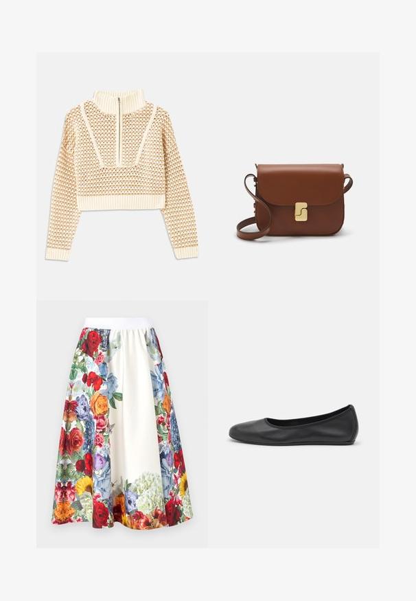 Light beige cropped sweater with a zippered mock neck, featuring a textured pattern and ribbed cuffs and hem. Combines knit and woven materials.; Alice + Olivia EARLA FLARE MIDI SKIRT - A-line skirt - off white; Black leather ballet flat with a rounded toe, smooth texture, minimal stitching detail, and a flexible sole design.; Brown leather handbag with a flap closure, gold-tone hardware, a shoulder strap, and a smooth texture. Compact rectangular shape.