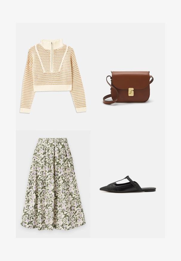 Svetlo béžový skrátený sveter so zipsovým vysokým golierom, s textúrovaným vzorom a rebrovanými manžetami a spodným lemom. Kombinuje pletené a tkané materiály.; Kvetinová sukňa s krémovým pozadím, zelenými listami a fialovými kvetmi. Elastický pás, skladaná konštrukcia a ľahká látka.; Čierne kožené sandále so špičatou špičkou, ktoré majú tkaný detail a zborený dizajn vrchnej časti. Plochá podrážka s minimálnym hardvérom.; Hnedá kožená kabelka s klopou, zlatými kovovými prvkami, ramenným popruhom a hladkým povrchom. Kompaktný obdĺžnikový tvar.