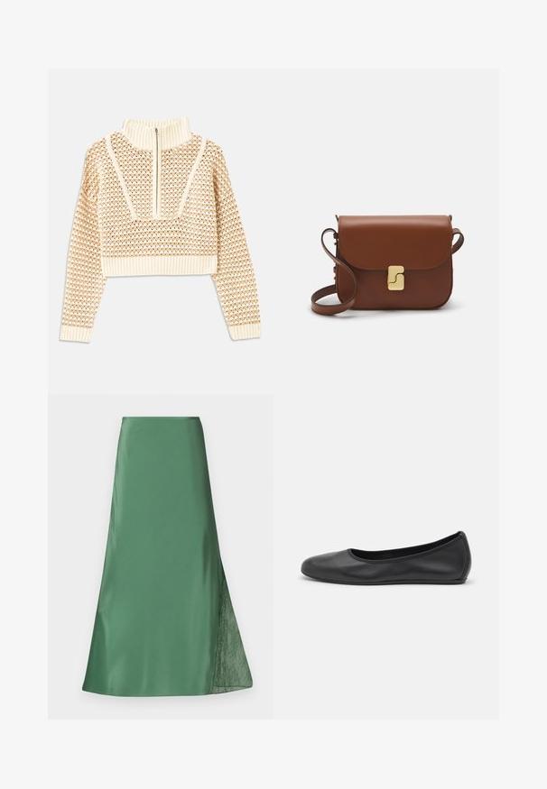 Jasnobeżowy krótki sweter z zapięciem na zamek błyskawiczny przy kołnierzu w stylu stójki, z teksturowanym wzorem oraz prążkowanymi mankietami i dołem. Łączy materiały dziane i tkane.; Zielona satynowa spódnica o swobodnej sylwetce w kształcie litery A, z przezroczystym koronkowym detalem z jednej strony, co dodaje tekstury i kontrastu.; Czarne skórzane baletki z zaokrąglonym noskiem, gładką fakturą, minimalnymi przeszyciami i elastycznym designem podeszwy.; Brązowa skórzana torebka na ramię z klapką, złotymi detalami, paskiem na ramię i gładką teksturą. Kompaktowy prostokątny kształt.