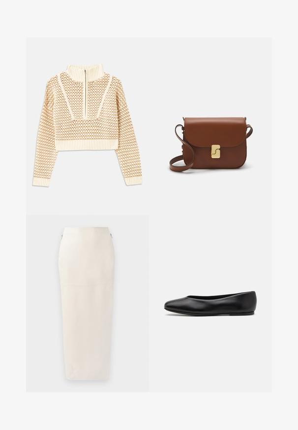 Light beige cropped sweater with a zippered mock neck, featuring a textured pattern and ribbed cuffs and hem. Combines knit and woven materials.; Cream midi skirt with a fitted silhouette, crafted from smooth fabric, featuring a hidden zipper on the side and minimalist seam detailing.; Paul Smith TOPANGA - Ballet pumps - black; Brown leather handbag with a flap closure, gold-tone hardware, a shoulder strap, and a smooth texture. Compact rectangular shape.