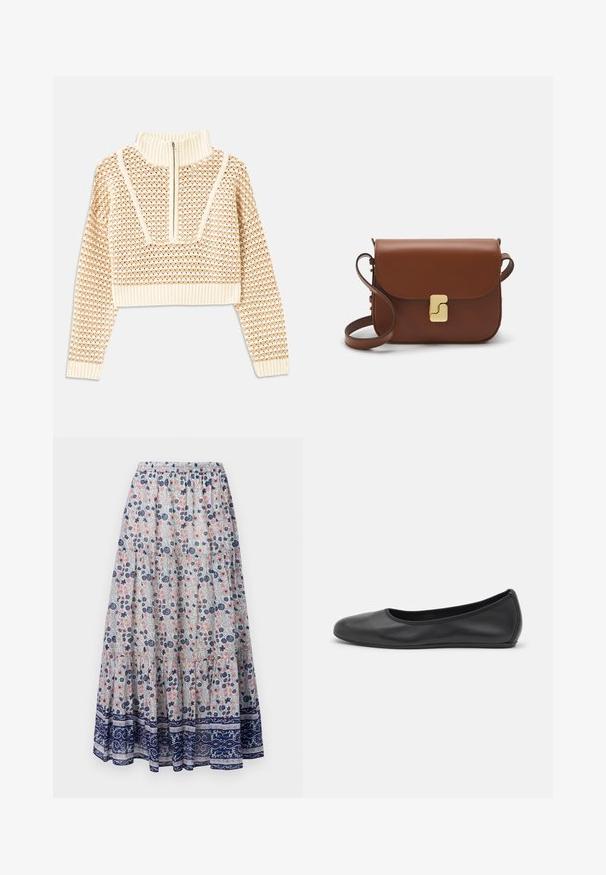 Svetilka svetlo bež barve s krajšim krojem in zadrgo na ovratniku, ki ima strukturiran vzorec ter rebraste manšete in spodnji rob. Združuje pletene in tkane materiale.; Cvečni maksi krilo z sivo podlago, ki vsebuje rožnate in modre cvetove, slojevito zasnovo in morsko globoko vzorčen rob. Elastični pas.; Črne usnjene balerinke z zaobljenim nosom, gladko teksturo, minimalnimi šivi in fleksibilno zasnovo podplata.; Rjava usnjena torbica s poklopcem, zlato obarvani okovi, naramnica in gladka tekstura. Kompaktna pravokotna oblika.