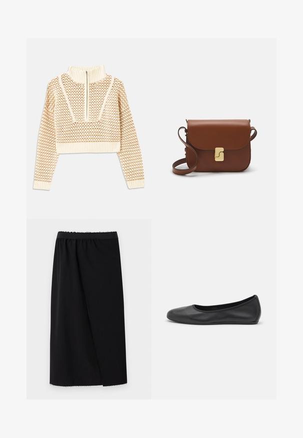 Gaišas bezgaismas īsais džemperis ar rāvējslēdzēju un stāvošu apkakli, ar faktūru rakstu un ribinātām piedurknēm un apakšmalu. Apvieno adītus un audumus.; Melna svārku ar pieguļošu jostu, gluda auduma, vidēja garuma, ar asimetrisku dizainu un neapstrādātu apakšmalu papildus tekstūrai.; Melna ādas baleta kurpe ar noapaļotu purngalu, gludu tekstūru, minimālu šuvju detalizāciju un elastīgu zoles dizainu.; Bordo ādas rokas soma ar atloku, zeltītām detaļām, plecu siksnu un gludu virsmu. Kompakta, taisnstūrveida forma.