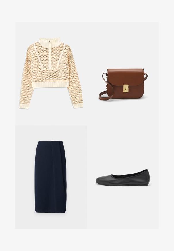 Pullover cropped beige chiaro con collo alto con zip, caratterizzato da un motivo testurizzato e polsini e orlo a coste. Combina materiali a maglia e tessuti.; Gonna a matita di un blu navy scuro con una texture liscia, caratterizzata da un dettaglio arricciato sul lato. Realizzata in un tessuto morbido, ha un design dritto e una lunghezza fino al ginocchio.; Pantofole da balletto nere in pelle con punta arrotondata, texture liscia, dettagli di cucitura minimi e design con suola flessibile.; Borsa a tracolla in pelle marrone con chiusura a pattina, hardware color oro, tracolla e una finitura liscia. Forma rettangolare compatta.