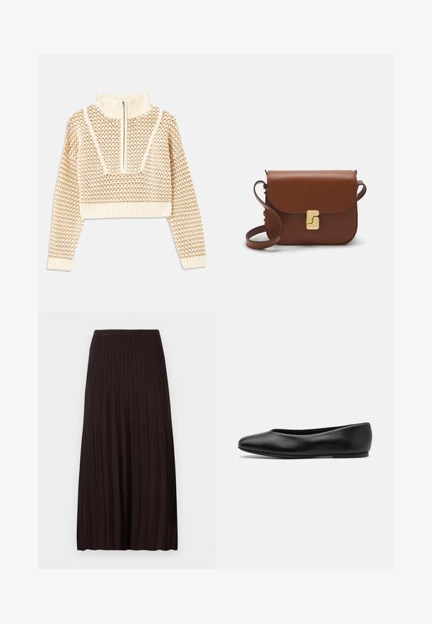 Light beige cropped sweater with a zippered mock neck, featuring a textured pattern and ribbed cuffs and hem. Combines knit and woven materials.; Black pleated midi skirt with a high waistband, made of ribbed knit fabric, featuring vertical grooves for texture and a flowy silhouette.; Paul Smith TOPANGA - Ballet pumps - black; Brown leather handbag with a flap closure, gold-tone hardware, a shoulder strap, and a smooth texture. Compact rectangular shape.