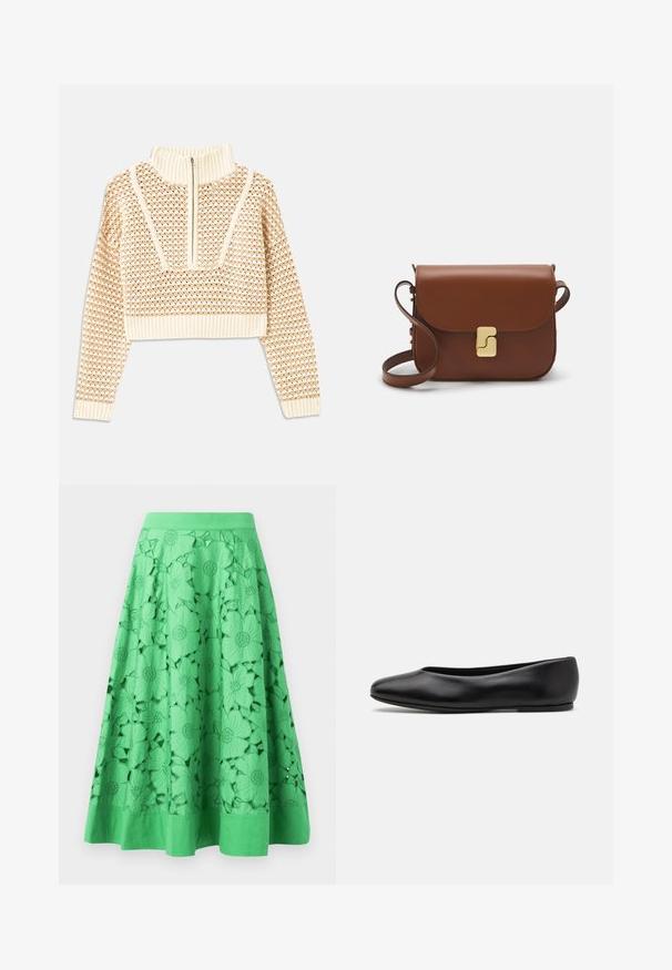 Sweater cropped de cor bege claro com gola alta com fecho, apresentando um padrão texturizado e mangas e bainha caneladas. Combina materiais tricotados e tecidos.; Saia verde com designs de recortes florais, textura suave e uma cintura ajustada. A bainha é sólida e ligeiramente godê.; Paul Smith TOPANGA - Sabrinas - black; Bolsa de couro castanho com fecho de aba, decoração em tom dourado, alça de ombro e textura suave. Formato retangular compacto.