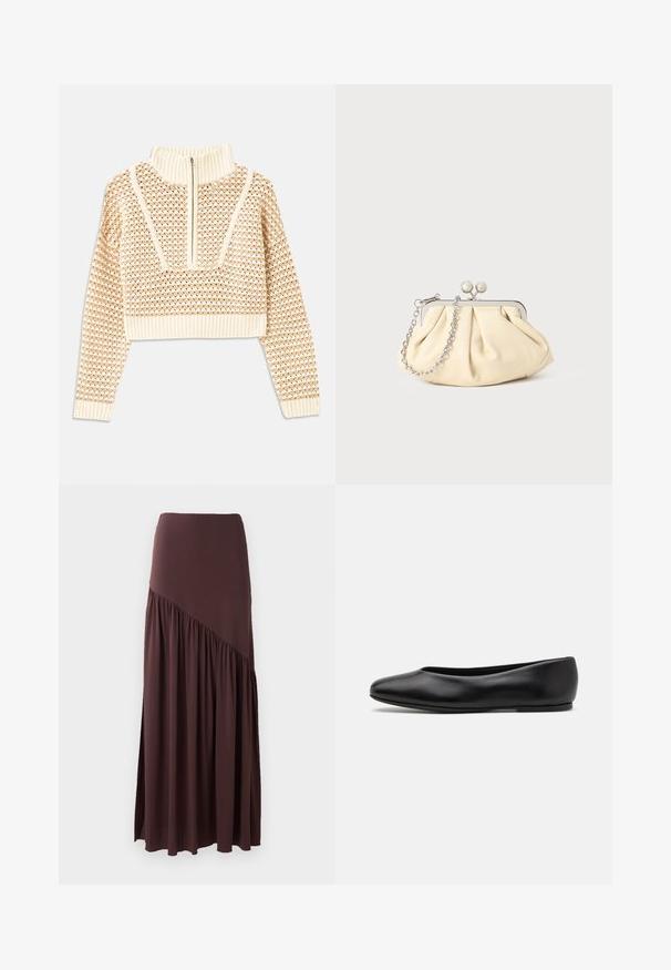 Jasnobeżowy krótki sweter z zapięciem na zamek błyskawiczny przy kołnierzu w stylu stójki, z teksturowanym wzorem oraz prążkowanymi mankietami i dołem. Łączy materiały dziane i tkane.; Brąskowa spódnica maxi wykonana z miękkiego materiału. Posiada dopasowaną talię i asymetryczny krój z marszczeniami po jednej stronie.; Paul Smith TOPANGA czarny; Złożona beżowa skórzana kopertówka z srebrną metalową ramą, z dwoma okrągłymi dekoracyjnymi zapięciami i srebrnym łańcuszkiem.