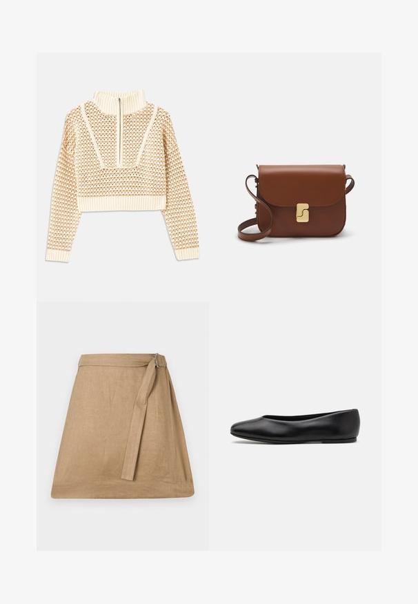Light beige cropped sweater with a zippered mock neck, featuring a textured pattern and ribbed cuffs and hem. Combines knit and woven materials.; Beige linen wrap skirt with a slight A-line shape, featuring a side tie and buckle detail, smooth texture, and clean hemline.; Paul Smith TOPANGA - Ballet pumps - black; Brown leather handbag with a flap closure, gold-tone hardware, a shoulder strap, and a smooth texture. Compact rectangular shape.