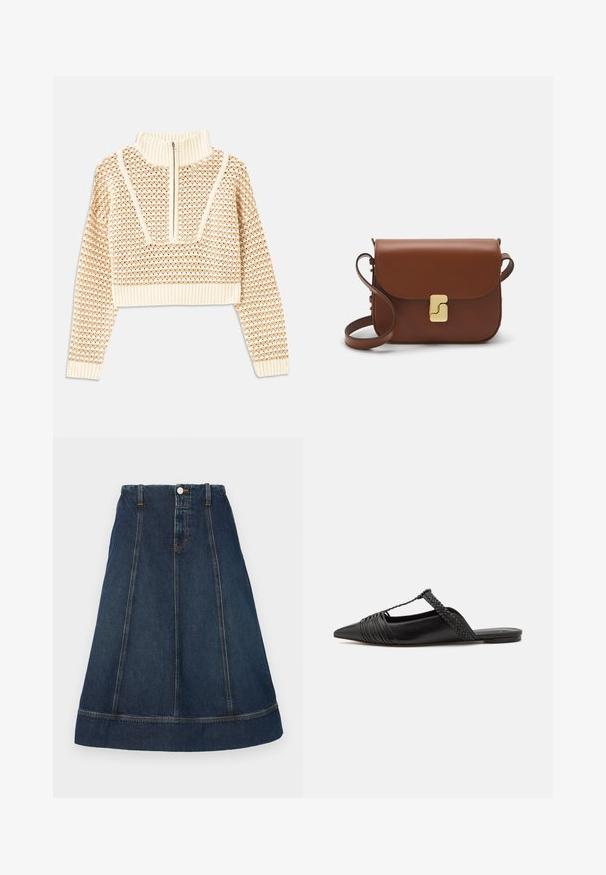 Svijetlo bež skraćeni džemper s rajsferšlusom i visokom ovratnikom, s teksturiranim uzorkom i rebrastim rukavima i rubom. Kombinira pletivo i tkaninu.; Tamna plava A-linija suknja od denima, s pojasom na dugmad, pet petlji za remen i kontrastnom šavovima. Duga je do koljena s obrubljenim rubom.; Crne kožne cipele s remenom oko pete i šiljastim vrhom, s pletenim naglaskom i nabranim gornjim dijelom. Ravni đon s minimalnim hardverom.; Smeđa kožna torba s preklopom, zlatnim detaljima, remenom za nošenje preko ramena i glatkom teksturom. Kompaktni pravokutni oblik.