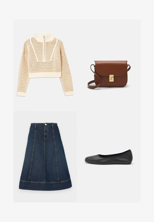 Pulover scurt de culoare bej deschis, cu guler tip mock cu fermoar, având un model texturat și manșete și tiv coagulate. Combină materiale tricotate și țesute.; Fustă A-line din denim de culoare albastru închis, cu talie cu nasturi, cinci treceri pentru curea și cusături în contrast. Până la genunchi, cu margine rigidizată.; Balerini din piele neagră, cu vârf rotund, textură netedă, detalii de cusătură minimale și un design al tălpii flexibil.; Geantă de piele maro cu închidere tip capac, accesorii de culoare aurie, curea de umăr și o textură netedă. Formă compactă și rectangulară.