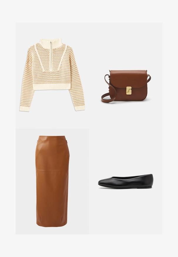 Jasnobeżowy krótki sweter z zapięciem na zamek błyskawiczny przy kołnierzu w stylu stójki, z teksturowanym wzorem oraz prążkowanymi mankietami i dołem. Łączy materiały dziane i tkane.; Brąskowa skórzana spódnica midi o dopasowanej sylwetce, z bocznymi zamkami błyskawicznymi i gładką teksturą. Posiada poziome szwy w okolicy dołu.; Paul Smith TOPANGA czarny; Brązowa skórzana torebka na ramię z klapką, złotymi detalami, paskiem na ramię i gładką teksturą. Kompaktowy prostokątny kształt.
