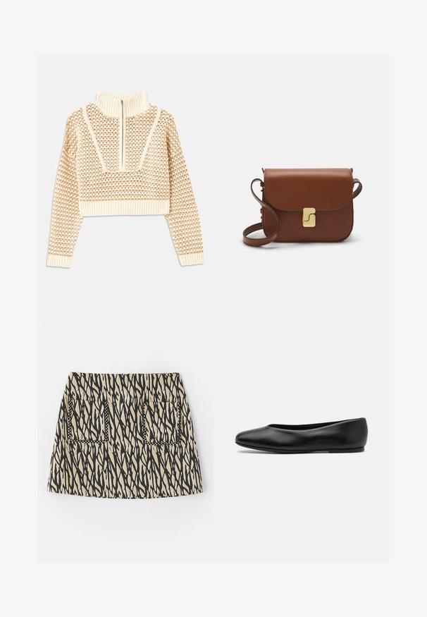 Light beige cropped sweater with a zippered mock neck, featuring a textured pattern and ribbed cuffs and hem. Combines knit and woven materials.; Short skirt with a black and beige abstract pattern, featuring two front pockets outlined with black stitching. Cotton blend fabric.; Paul Smith TOPANGA - Ballet pumps - black; Brown leather handbag with a flap closure, gold-tone hardware, a shoulder strap, and a smooth texture. Compact rectangular shape.