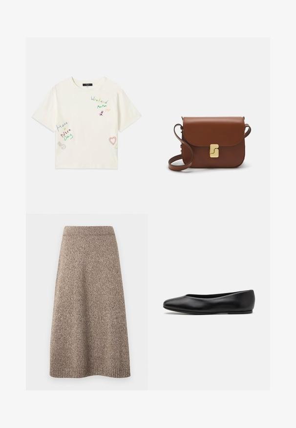 Helles, beigefarbenes, kurzes Sweatshirt mit einem Reißverschlusskragen, das ein strukturiertes Muster sowie gerippte Bündchen und Saum aufweist. Kombiniert Strick- und Webmaterialien.; Weißes Baumwoll-T-Shirt mit kurzen Ärmeln, versehen mit bunten bestickten Texten und Designs, darunter "Wochenende", "Schönen Tag noch" und ein Herz.; Strickrock in einem warmen Braunton mit einem strukturierten Muster, tailliertem Bund und ausgestelltem Schnitt, der am Saum gerippte Akzente aufweist.; Paul Smith TOPANGA - Klassischer Ballerina - black; Braune Ledertasche mit Klappenverschluss, Beschlägen in Goldfarbe, einem Schultergurt und einer glatten Oberfläche. Kompakte rechteckige Form.
