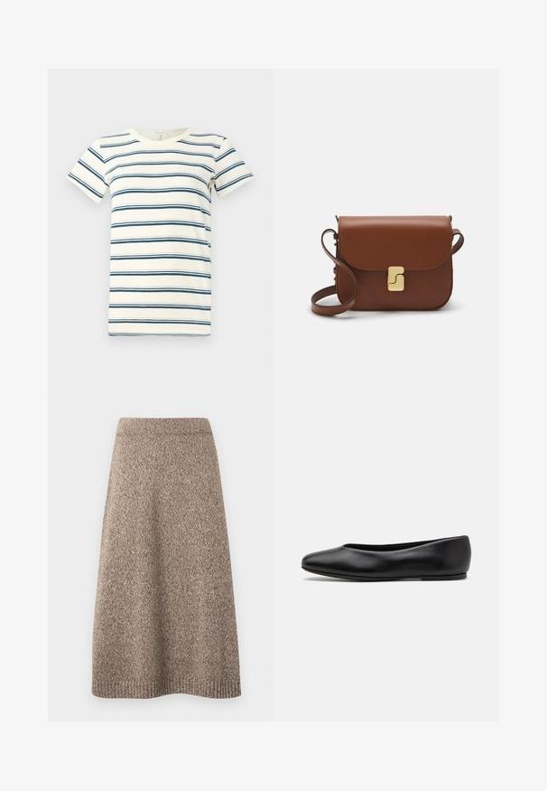 Pull en beige clair court avec un col montant zippé, présentant un motif texturé et des poignets et un ourlet côtelés. Combine des matériaux tricotés et tissés.; T-shirt rayé avec des lignes bleues et bleu foncé alternées sur un fond crème, avec un col rond et des manches courtes. Tissu doux.; Jupe tricotée dans une teinte brune chaude avec un motif texturé, taille ajustée et silhouette évasée, featuring des accents côtelés à l'ourlet.; Paul Smith TOPANGA - Ballerines - black; Sac à main en cuir marron avec une fermeture à rabat, des accents en métal doré, une bandoulière et une texture lisse. Forme rectangulaire compacte.